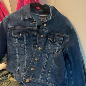 Dark wash with  stretch, worn once . Absolutely gorgeous.